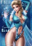  1girl adapted_costume arm_up artist_name ass_visible_through_thighs bare_shoulders blonde_hair blue_background blue_eyes blue_legwear blue_leotard blue_nails braid breasts character_name cleavage closed_mouth collarbone cover dandon_fuga detached_sleeves elsa_(frozen) english_text fake_cover frozen_(disney) fur-trimmed_leotard groin hair_over_shoulder hair_tie hand_up highleg highleg_leotard highres large_breasts leotard long_hair looking_back magic nail_polish navel navel_cutout single_braid smile smug snowflakes solo thighhighs 