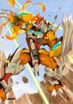  armor blue_eyes blue_sky blurry blurry_background claws clenched_hand digimon full_body harymachinegun midair no_humans outdoors punching red_hair sky solo watermark 