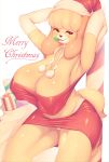  2019 absurd_res animal_crossing anthro big_breasts breasts canid canine christmas clothing curvy_figure digital_media_(artwork) female fur hi_res holidays holly_(plant) huge_breasts isabelle_(animal_crossing) looking_at_viewer mammal nintendo plant simple_background solo theobrobine thick_thighs video_games voluptuous wide_hips yellow_body yellow_fur 