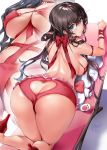  1girl all_fours ass back bangs bikini black_hair blush breasts butt_crack christmas cleavage couch eyebrows_visible_through_hair frilled_bikini frills high_heels highres jewelry large_breasts long_hair looking_at_viewer multiple_views ogino_atsuki original red_bikini red_footwear red_ribbon ribbon shiny shiny_skin signature skirt stuffed_toy swimsuit 