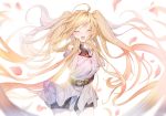  1girl absurdres ahoge belt blonde_hair closed_eyes granblue_fantasy highres long_hair monica_weisswind petals shorts ssangbong-llama twintails very_long_hair white_background wind 