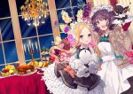  2girls :d abigail_williams_(fate/grand_order) animal apple apron banana bangs black_dress blonde_hair blue_eyes blush bread brown_jacket butterfly_hair_ornament candle candlestand collared_dress commentary_request dress fate/grand_order fate_(series) fire flower food fruit grapes green_apple hair_ornament heroic_spirit_festival_outfit holding holding_tray indoors jacket katsushika_hokusai_(fate/grand_order) long_sleeves maid_headdress multiple_girls night night_sky octopus open_clothes open_jacket open_mouth parted_bangs pink_flower purple_flower purple_hair red_apple shirt sidelocks sky sleeveless sleeveless_dress sleeves_past_fingers sleeves_past_wrists smile star_(sky) starry_sky stuffed_animal stuffed_toy teddy_bear ten-chan_(eternal_s) tokitarou_(fate/grand_order) tray turkey_(food) white_apron white_shirt window 