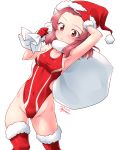 1girl absurdres armpits artist_name blush breasts cameltoe christmas collarbone covered_navel dated eyebrows_visible_through_hair girls_und_panzer gloves groin hat highres kuzuryuu_kennosuke large_breasts looking_at_viewer open_mouth red_eyes red_gloves red_hair red_headwear red_legwear red_swimsuit rosehip sack santa_hat shiny shiny_hair short_hair simple_background solo standing swimsuit swimwear thighhighs white_background 