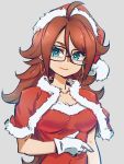  1girl ahoge android_21 black-framed_eyewear blue_eyes breasts brown_hair capelet dragon_ball dragon_ball_fighterz dress earrings fur_trim glasses gloves grey_background hat hoop_earrings impossible_clothes impossible_dress jewelry kemachiku long_hair looking_at_viewer medium_breasts red_dress santa_costume santa_hat smile solo white_gloves 