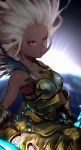  1girl absurdres armor armored_dress breastplate breasts commentary_request cowlick dark_skin densen_(itoguchi) dual_wielding eyeliner faulds forehead granblue_fantasy highres holding holding_weapon looking_at_viewer makeup medium_breasts red_eyes solo spiked_hair weapon white_hair zooey_(granblue_fantasy) 