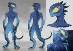  absurd_res alien anthro blue_body blue_scales claws featureless_crotch hi_res lizard maxspite model_sheet nude open_mouth reptile scales scalie sharp_teeth sludge_(kili) solo spines standing striped_body striped_scales stripes symbiote teeth toe_claws yellow_eyes 
