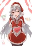  /\/\/\ 2girls :3 :d black_legwear blush capelet closed_eyes dated food fur_trim gloves green_hair hair_between_eyes hat heart kantai_collection long_hair long_sleeves multiple_girls open_mouth pantyhose pom_pom_(clothes) red_capelet santa_costume santa_hat sensen shoukaku_(kantai_collection) signature silver_hair smile turkey_(food) twintails white_gloves yellow_eyes zuikaku_(kantai_collection) 