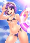  1girl :d bangs bare_arms bare_shoulders bikini bird blue_sky blush breasts cloud collarbone commentary cowboy_shot day front-tie_bikini front-tie_top hands_up hat hat_ribbon head_tilt highres holding innertube looking_at_viewer medium_breasts mob_cap nail_polish navel open_mouth outdoors purple_bikini purple_hair red_eyes red_nails red_ribbon remilia_scarlet ribbon short_hair side-tie_bikini sky smile solo standing stomach sun swimsuit thighs touhou uemura_shun white_headwear 