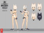  1girl animal_ears ass bare_legs bikini blonde_hair blue_eyes breasts bright_pupils butt_crack character_sheet cleavage cleavage_cutout dark_skin gloves goggles goggles_on_head half_gloves hand_on_hip medium_breasts multiple_views navel partly_fingerless_gloves shoes short_hair sneakers standing swimsuit thigh_strap xiao_yeyouxi 