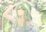  1girl arm_up c.c. closed_mouth code_geass collarbone creayus dappled_sunlight day dress frilled_dress frills green_hair long_hair looking_up outdoors solo sundress sunlight upper_body white_dress yellow_eyes 