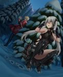  1boy 1girl belt blonde_hair blush commander_(girls_frontline) crying crying_with_eyes_open destroyer_(girls_frontline) gift girls_frontline highres multicolored_hair pine_tree sangvis_ferri snow tears tree twintails two-tone_hair user_tpcp5583 white_hair yellow_eyes 
