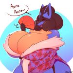  1:1 anthro asian_clothing big_breasts breasts cleavage clothed clothing cracker_(artist) east_asian_clothing female hi_res huge_breasts humor japanese_clothing kimono lucario nintendo pok&eacute;mon pok&eacute;mon_(species) pok&eacute;morph pun solo video_games wide_hips 