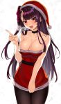 1girl absurdres bangs bare_shoulders be_garam belt blush breasts breathing collarbone dress eyebrows_visible_through_hair girls_frontline hair_ribbon hand_up hat highres index_finger_raised large_breasts long_hair looking_at_viewer one_side_up open_mouth pantyhose purple_hair red_dress red_eyes ribbon santa_costume santa_hat solo strapless strapless_dress tsundere tube_dress very_long_hair wa2000_(girls_frontline) 