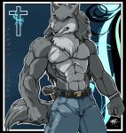  2011 abs anthro belt biceps border bottomwear canid canine canis chest_tuft clock clothed clothing cross cross_necklace digital_media_(artwork) ear_piercing fangs front_view fur green_eyes grey_body grey_hair gun hair handgun holster jeans jewelry male mammal muscular necklace nipples outline pants pecs piercing pistol ranged_weapon solo topless tuft walter_sache watch weapon wolf 