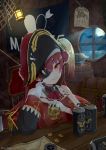  1girl absurdres barrel beer_can breasts can commentary_request eyepatch gloves gold_coin hat highres hololive houshou_marine inorihisa_nanaku looking_at_viewer pirate_hat red_eyes red_hair ship_in_a_bottle sitting skull smile solo treasure_chest virtual_youtuber wanted white_gloves window 