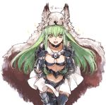  1girl :d alternate_costume animal_hood armored_boots bangs berserker_(granblue_fantasy) boots breasts c.c. claw_pose code_geass cosplay creayus eyebrows_visible_through_hair fang gao gauntlets granblue_fantasy green_hair hair_between_eyes hands_up hood long_hair medium_breasts open_mouth simple_background smile solo standing translation_request white_background yellow_eyes 