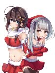  2girls absurdres alternate_costume blush braid breasts christmas closed_mouth elbow_gloves eyebrows_visible_through_hair fur_trim gloves grey_hair hair_between_eyes hair_ornament hair_ribbon highres kantai_collection kasumi_(kantai_collection) long_hair looking_at_viewer medium_breasts miniskirt multiple_girls navel open_mouth red_gloves red_skirt ribbon santa_costume shigure_(kantai_collection) side_ponytail single_braid skirt small_breasts smile soramuko thighhighs 
