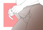  1girl absurdres close-up contrapposto cowboy_shot fingers hands highres lifted_by_self monochrome mushi024 original outside_border own_hands_together paid_reward panties panties_under_pantyhose pantyhose patreon_reward pinky_out simple_background solo string_panties underwear 
