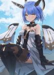  1girl arm_guards arm_warmers armored_boots ashisi azur_lane blue_hair boots breasts cloud cross elbow_pads gascogne_(azur_lane) hair_ornament highres knee_pads looking_at_viewer short_hair sitting sky solo yellow_eyes 