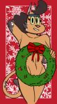  accessory anthro calika christmas covering covering_breasts covering_crotch domestic_cat felid feline felis female green_sclera headband hi_res holidays mammal mighty_magiswords redout smile solo wreath zeigram 