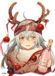  1girl ahoge antlers bangs blush bottle brown_eyes christmas_ornaments eyelashes fur_collar g11_(girls_frontline) girls_frontline grey_hair hair_between_eyes holding holding_bottle long_hair messy_hair moa_(21energy12) open_mouth ribbon scarf scarf_on_head simple_background solo twitter_username upper_body white_background 