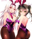  2girls :o animal_ears ass bangs blush breasts brown_eyes brown_legwear bunny_ears bunny_girl bunnysuit cleavage eyebrows_visible_through_hair fake_animal_ears green_eyes green_hair hair_ribbon hairband ichiyou_moka kantai_collection large_breasts leotard long_hair multiple_girls open_mouth pantyhose purple_leotard ribbon shoukaku_(kantai_collection) small_breasts strapless strapless_leotard twintails white_hair zuikaku_(kantai_collection) 