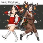  2girls :d bell belt black_hair blush bow breasts brown_eyes christmas cleavage collarbone dated deer_costume elbow_gloves eyebrows_visible_through_hair full_body fur-trimmed_sleeves fur_trim gloves hair_ribbon hat high_ponytail holding holding_sack horns jingle_bell kantai_collection long_hair long_sleeves looking_at_viewer medium_breasts merry_christmas multi-tied_hair multiple_girls nisshin_(kantai_collection) open_mouth pom_pom_(clothes) red_bow red_gloves ribbon sack santa_costume santa_hat shouhou_(kantai_collection) signature smile toka_(marchlizard) tress_ribbon white_footwear 