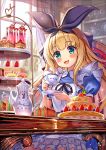  1girl :3 :d akabane_(zebrasmise) apron bangs black_ribbon blonde_hair blue_dress blue_eyes blush cake chair character_name commentary_request cup curtains day dress eyebrows_visible_through_hair food fruit green_eyes hair_ribbon highres holding holding_cup holding_saucer indoors long_hair looking_at_viewer macaron mononobe_alice nijisanji on_chair open_mouth plate puffy_short_sleeves puffy_sleeves ribbon saucer short_sleeves sitting smile solo strawberry table tea teacup teapot tiered_tray very_long_hair virtual_youtuber white_apron window 