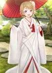  1girl :d ball bangs blush bride bridge brown_hair day embroidery eyebrows_visible_through_hair feet_out_of_frame flat_chest flower garden hair_flower hair_ornament holding holding_umbrella japanese_clothes kanzashi kimono koizumi_hanayo long_sleeves looking_at_viewer love_live! love_live!_school_idol_project namaru_(summer_dandy) open_mouth oriental_umbrella outdoors photo_background pond purple_eyes road short_hair sleeves_past_wrists smile solo standing stone sunlight swept_bangs tassel uchikake umbrella w_arms white_flower white_kimono 