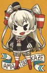  1girl amatsukaze_(kantai_collection) bangs black_dress black_eyes blush character_name chibi dress eyebrows_visible_through_hair fang garter_straps hair_tubes hand_on_hip hat highres kantai_collection long_hair long_sleeves makora_higa mini_hat open_mouth orange_background pac-man_eyes red_legwear sailor_collar sailor_dress silver_hair simple_background solo striped twitter_username two_side_up 