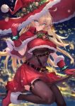  1girl aqua_eyes bangs bell belt black_belt black_bodysuit black_legwear blonde_hair blurry blurry_background blush bodysuit boots breasts broom broom_riding capelet christmas closed_mouth covered_navel eyebrows_visible_through_hair fur_trim garter_straps gloves guchico hair_between_eyes hat large_breasts long_hair original pom_pom_(clothes) red_capelet red_footwear red_gloves red_headwear red_skirt skirt solo thighhighs underboob witch_hat 