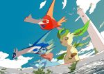  4others apios1 black_eyes blue_sky brown_eyes cloud dutch_angle fisheye head_fins highres latias latios leafeon lighthouse looking_down mermaid monster_girl moss multiple_others open_mouth pokemon sky smile split_tail stone_floor vaporeon water wingull yellow_eyes 