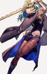  1girl armor black_shorts byleth_(fire_emblem) byleth_(fire_emblem)_(female) cape dagger fire_emblem fire_emblem:_three_houses green_hair grey_background highres holding holding_sword holding_weapon medium_hair navel navel_cutout pantyhose parted_lips sheath sheathed short_shorts shorts simple_background solo sword vic weapon 