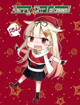  1girl bangs black_gloves black_legwear black_skirt blonde_hair blush breasts brown_footwear capelet chibi christmas dagappa english_text eyebrows_visible_through_hair fang fingerless_gloves gloves hair_flaps hair_ornament hair_ribbon hat highres kantai_collection merry_christmas open_mouth pleated_skirt red_background red_eyes red_headwear remodel_(kantai_collection) ribbon santa_hat scarf school_uniform serafuku skin_fang skirt socks solo speech_bubble standing star white_scarf yuudachi_(kantai_collection) 