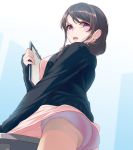  1girl 40hara ass bangs black_jacket brown_hair clipboard crotch_seam dress dress_lift glaring hair_over_shoulder hayakawa_natsumi holding holding_clipboard iya_na_kao_sare_nagara_kozukuri_sasete_moraitai jacket long_hair long_sleeves looking_at_viewer looking_back open_mouth panties panties_under_pantyhose pantyhose pink_dress purple_eyes purple_panties sheer_legwear solo standing underwear 