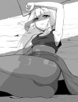  1girl arm_up armpits ass bangs bed_sheet blanket breasts commentary erica_hartmann from_behind gertrud_barkhorn greyscale looking_at_viewer looking_back lying monochrome on_bed on_side panties pillow rebirth42000 short_hair silhouette sleepy small_breasts solo sports_bra strike_witches underwear underwear_only world_witches_series 