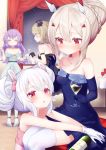  &gt;_&lt; 4girls :o :t animal_ears ayanami_(azur_lane) azur_lane bangs bare_shoulders black_bow black_dress blue_dress blue_footwear blue_gloves blush bottle bow braid breasts bunny_ears cake closed_eyes closed_mouth collarbone commentary_request cup curtains double_bun dress drink drinking_glass eating elbow_gloves eyebrows_visible_through_hair flower food fork gloves hair_between_eyes hair_bow hair_bun hair_ornament hairclip headgear high_heels highres holding holding_cup holding_fork holding_saucer indoors iron_cross javelin_(azur_lane) koko_ne_(user_fpm6842) laffey_(azur_lane) light_brown_hair long_hair multiple_girls open_mouth parted_lips pigeon-toed pink_dress purple_hair red_eyes red_flower shoes sitting slice_of_cake small_breasts standing strapless strapless_dress thighhighs very_long_hair white_dress white_flower white_gloves white_hair white_legwear window z23_(azur_lane) 
