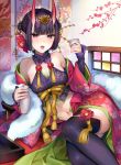  1girl bottle branch camellia cherry_blossoms choko_(cup) cup fate/grand_order fate_(series) flower hair_flower hair_ornament hanging_scroll holding holding_bottle holding_cup kaguyuzu lolita_fashion midriff navel off_shoulder oni_horns open_mouth purple_eyes reclining scroll short_eyebrows shuten_douji_(fate/grand_order) stole thighhighs tokkuri wa_lolita 