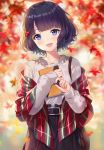  1girl :d artist_name autumn_leaves bag black_skirt blue_eyes blurry blurry_background blush collarbone commentary depth_of_field fate/grand_order fate_(series) grey_shirt hair_bobbles hair_ornament hands_up head_tilt highres hitsukuya katsushika_hokusai_(fate/grand_order) leaf long_sleeves looking_at_viewer maple_leaf open_mouth plaid purple_hair revision shawl shirt short_hair shoulder_bag signature skirt sleeves_past_wrists smile solo symbol_commentary 