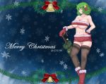  1girl 2019 absurdres alternate_costume bandeau bangs bare_arms bare_shoulders bell black_legwear blue_background boots bow breasts cameltoe christmas cleavage commentary covered_nipples eyebrows_visible_through_hair feet_out_of_frame fur-trimmed_boots fur-trimmed_gloves fur-trimmed_skirt fur_trim gloves green_hair green_umbrella hair_bell hair_between_eyes hair_ornament hair_ribbon highres kazami_yuuka large_breasts merry_christmas microskirt navel panties pantyshot pantyshot_(standing) planted_umbrella red_bow red_eyes red_footwear red_gloves red_ribbon red_skirt revealing_clothes revision ribbon short_hair skindentation skirt skirt_set smile snowflakes solo standing stomach strapless thighhighs thighs touhou tubetop umbrella underboob underwear white_panties yano_(yientheworld) 