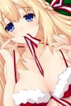  1girl blonde_hair blue_eyes blush bra breasts christmas cleavage eyebrows_visible_through_hair iwasi-r large_breasts long_hair looking_at_viewer mouth_hold neptune_(series) red_bra sidelocks smile solo underwear vert 