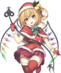  1girl :d bangs bell belt blonde_hair blush boots bow bowtie brown_belt capelet commentary_request cowboy_shot crystal dress eyebrows_visible_through_hair fang flandre_scarlet fur-trimmed_boots fur-trimmed_gloves fur_trim gloves green_bow green_neckwear hair_bell hair_between_eyes hair_ornament hand_up hat head_tilt highres holding janne_cherry laevatein long_hair looking_at_viewer miniskirt one_side_up open_mouth pleated_dress pom_pom_(clothes) red_capelet red_eyes red_footwear red_gloves red_headwear red_shirt red_skirt santa_costume santa_hat shirt simple_background skirt smile solo standing standing_on_one_leg thigh_boots thighhighs thighs touhou white_background wings zettai_ryouiki 