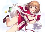  1girl absurdres bangs bare_legs belt blunt_bangs blush boots brown_eyes brown_hair capelet christmas commentary_request dress eyebrows_visible_through_hair fur-trimmed_dress fur_trim gloves hat highres hiraga_matsuri hood hood_down idolmaster idolmaster_cinderella_girls kitami_yuzu looking_at_viewer open_mouth pina_korata red_capelet red_dress red_gloves sack santa_costume short_hair smile solo thighs 