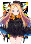  1girl abigail_williams_(fate/grand_order) alternate_costume bangs beret black_bow black_dress black_headwear blonde_hair blue_eyes blush border bow breasts bug butterfly closed_mouth commentary_request dress dress_lift fate/grand_order fate_(series) forehead hat hayama_eishi insect keyhole long_hair long_sleeves looking_at_viewer multiple_bows orange_bow parted_bangs sleeves_past_fingers sleeves_past_wrists small_breasts solo thighs tilted_headwear very_long_hair white_border 