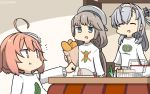  3girls alternate_costume aqua_eyes bakery closed_eyes commentary_request eating eyebrows_visible_through_hair food grey_hair hachimaki hair_between_eyes hair_flaps hair_ornament hamu_koutarou hat headband highres i-58_(kantai_collection) kantai_collection kotatsu light_brown_hair long_hair low_twintails mikura_(kantai_collection) multiple_girls one_side_up open_mouth pocket red_eyes sailor_hat shirt shop short_hair silver_hair sitting smile suzutsuki_(kantai_collection) table twintails white_headband white_legwear white_shirt 