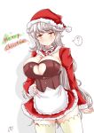  1girl alternate_hairstyle apron breasts brown_eyes capelet christmas cleavage cloud_print cosplay dress hat highres kantai_collection large_breasts long_hair long_sleeves looking_at_viewer merry_christmas red_capelet red_dress red_headwear santa_claus santa_costume santa_hat sazanami_(kantai_collection) sazanami_(kantai_collection)_(cosplay) shadow signature silver_hair simple_background solo thighhighs tokiziku3 unryuu_(kantai_collection) very_long_hair wavy_hair white_background yellow_eyes 