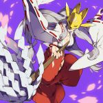  1girl akeru animal_ears belt breasts cleavage collarbone commentary_request digimon facial_mark fox_ears fox_mask gohei grey_hair hakama highres hip_vent holding japanese_clothes kimono large_breasts lipstick long_hair low_twintails makeup mask miko petals purple_background purple_lipstick red_hakama sakuyamon shide shoulder_cutout simple_background solo twintails very_long_hair white_kimono wide_sleeves 