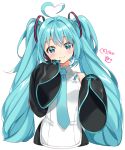  1girl :3 ahoge aqua_eyes aqua_hair aqua_neckwear arami_o_8 bare_shoulders black_legwear black_sleeves blush character_name china_dress chinese_clothes commentary cropped_torso detached_sleeves dress hair_ornament hands_up hatsune_miku hatsune_miku_(vocaloid4)_(chinese) headphones headset heart_ahoge korean_commentary long_hair looking_at_viewer necktie shirt sleeveless sleeveless_shirt sleeves_past_fingers sleeves_past_wrists smile solo twintails upper_body very_long_hair vocaloid white_background white_shirt wide_sleeves 