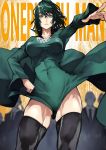  1girl 55level absurdres black_legwear breasts business_suit copyright_name covered_navel dress formal fubuki_(one-punch_man) green_dress green_eyes green_hair grin hair_between_eyes hand_on_hip highres long_hair looking_at_viewer necktie one-punch_man ponytail smile solo_focus suit thighhighs 
