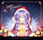  1girl blue_eyes blush braid breasts capelet christmas christmas_ornaments christmas_tree company_name dated eyebrows_visible_through_hair happy_holidays long_hair looking_at_viewer neptune_(series) official_art panties power_symbol purple_hair purple_heart smile solo symbol-shaped_pupils tsunako twin_braids underwear wings 